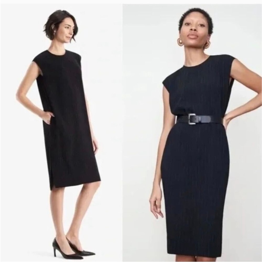 MM Lafleur Doris Dress pinstripe Shift MIDI Black/dark Navy, Pockets and slits